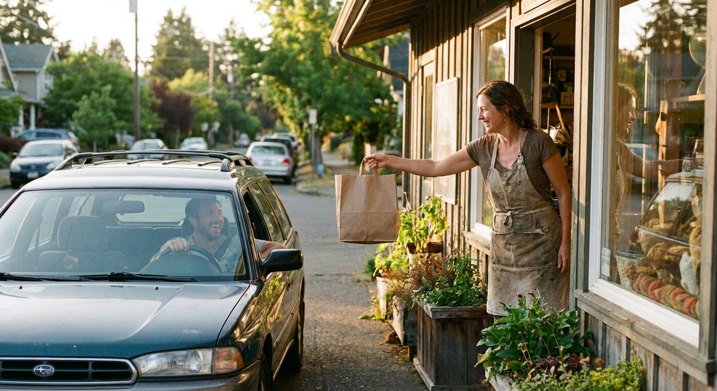 A shopkeeper handing a bag out to a customer waiting in their car