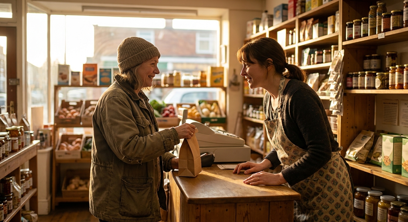 A cashier handing a customer her bag at the counter