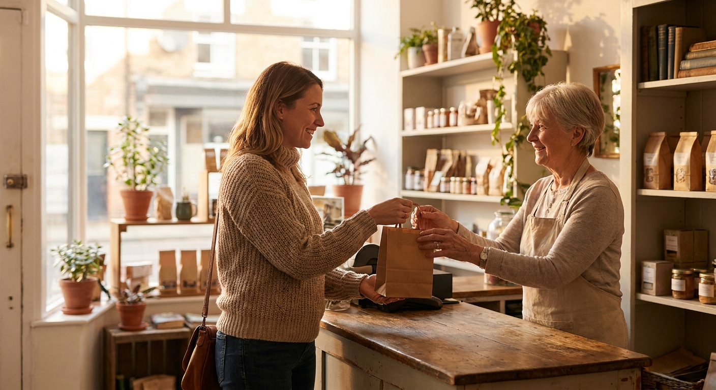 A regular picking up her bag at the counter of her neighborhood shop