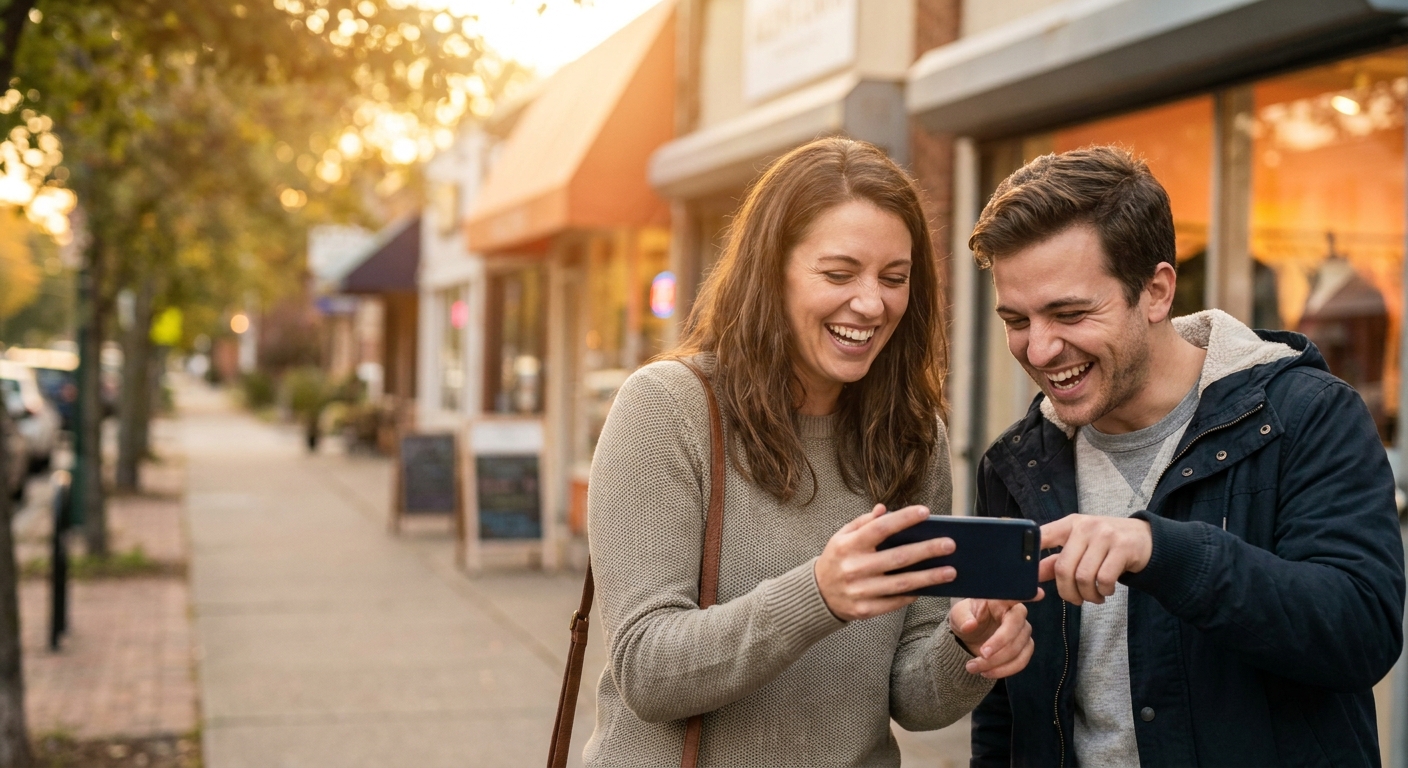 Two friends laughing over a phone outside their local shops